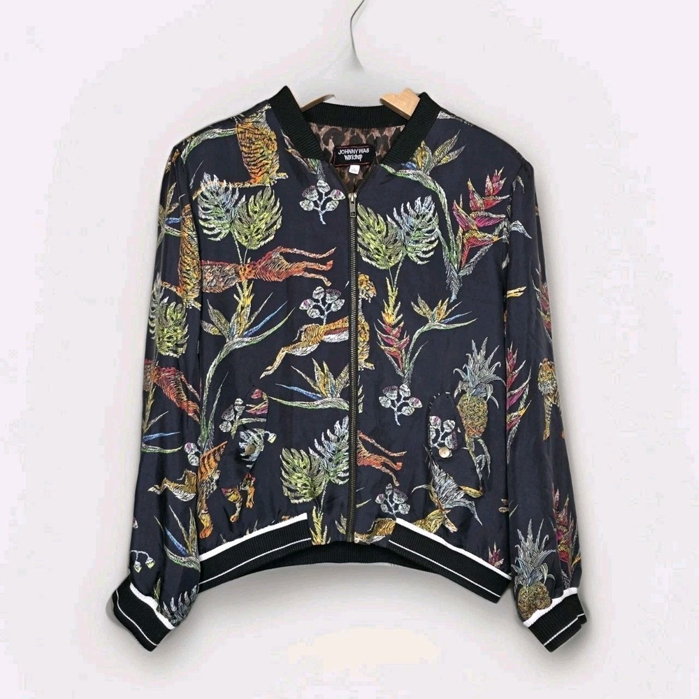 Johnny Was Workshop Silk Bomber Jacket Size L Black  Jungle Print Lepord